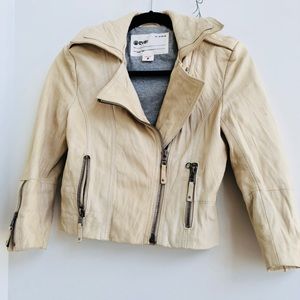 Cream cropped leather biker jacket